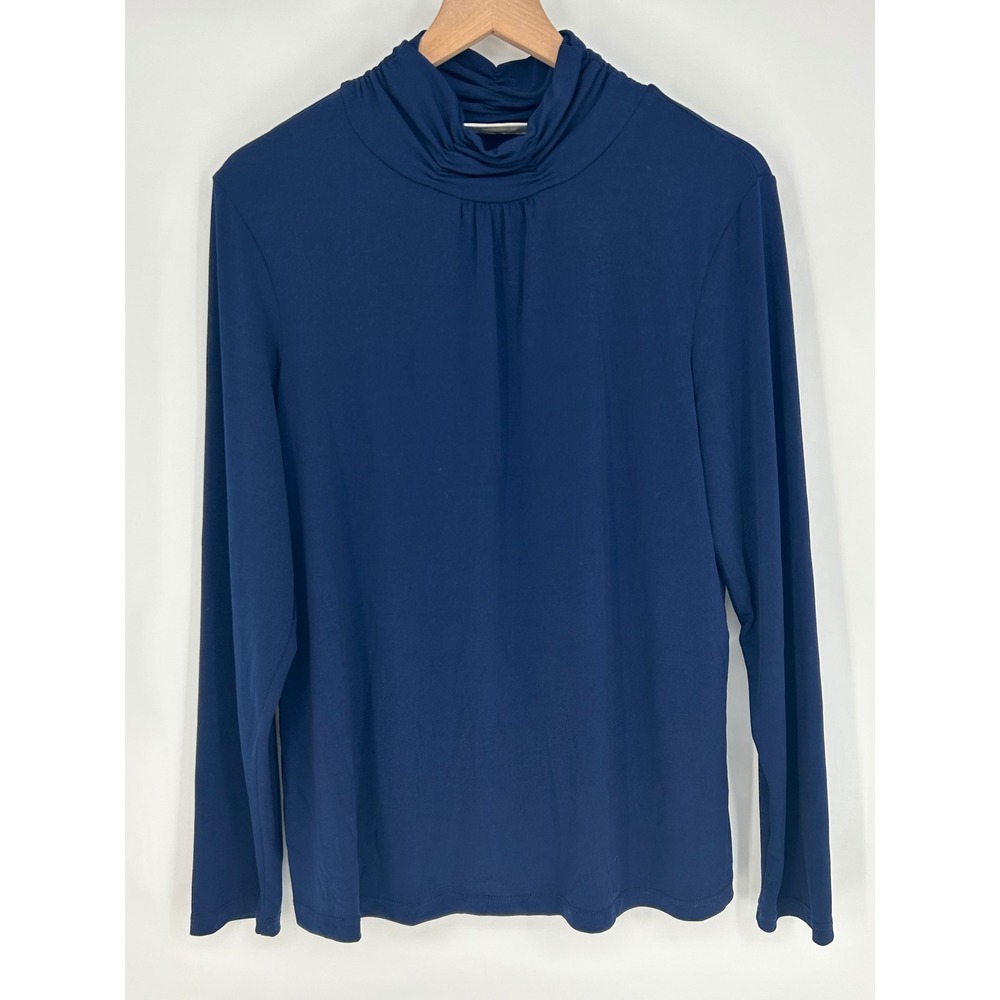 Susan Graver Essentials Liquid Knit Ruched Neck Long Sleeve Large Navy Top